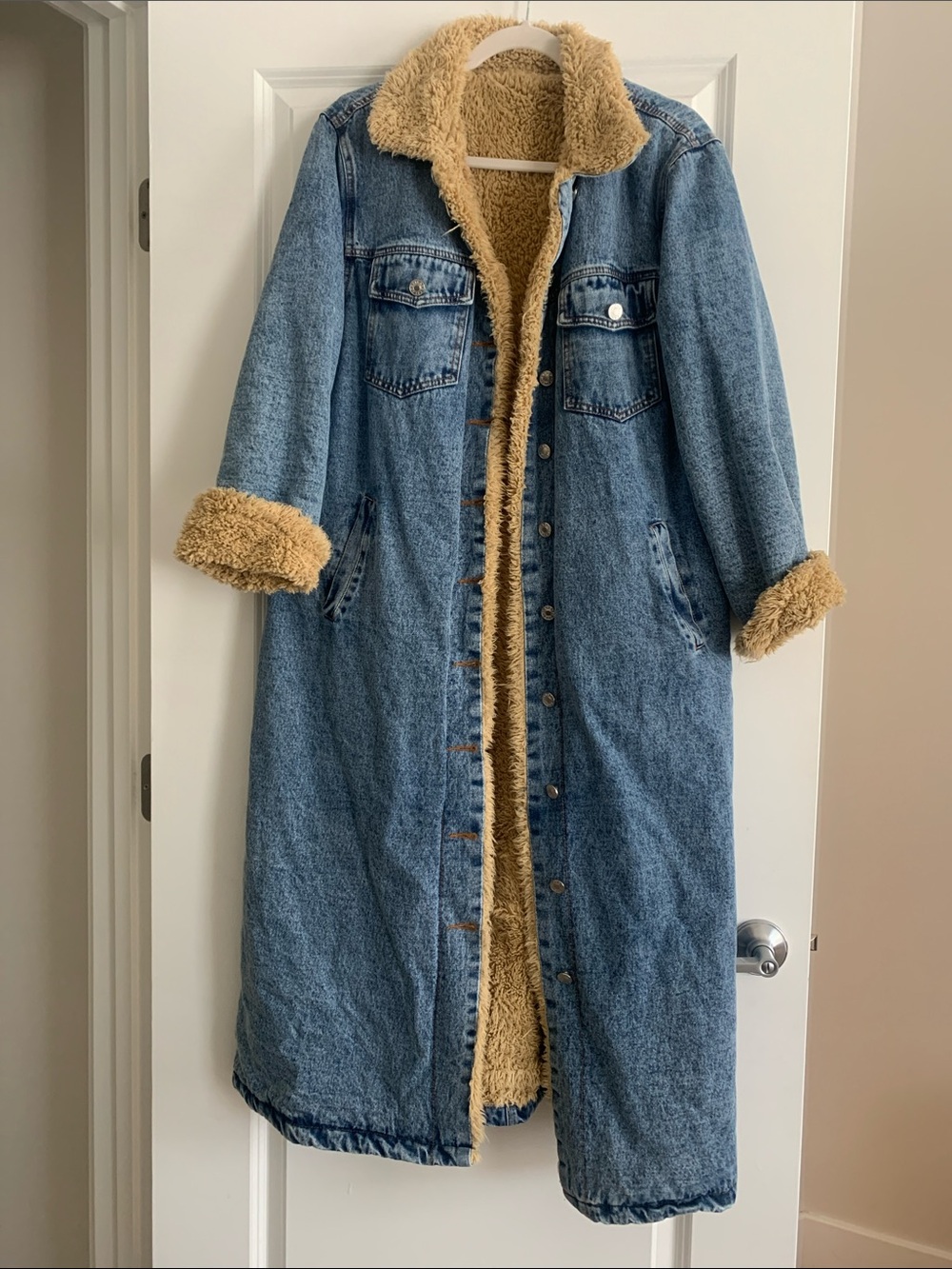 SHEIN Blue Denim Long Coat with Tan Sherpa Trim